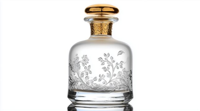 Elegant frosted glass decanter with a floral design, isolated on white