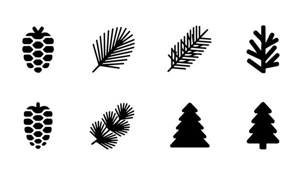 Forest elements black silhouettes set with pine cones needles christmas trees winter and autumn decorative objects.