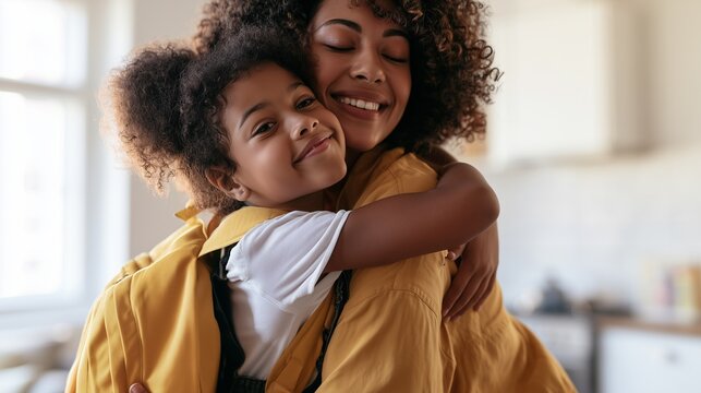 Happy schoolgirl hugging her smiling mother at home with a backpack