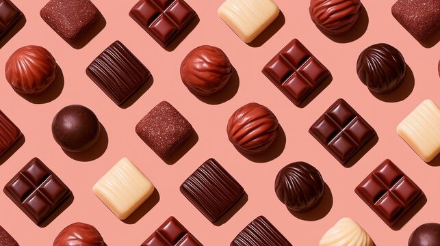 Pattern of different types of chocolate, delicious assortment