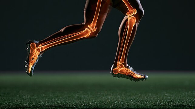 Glowing skeletonized legs of an athlete running on grass