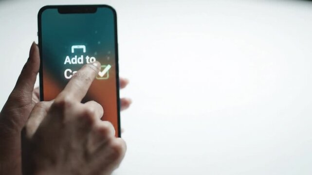 Person tapping add to cart button on smartphone screen for online shopping transaction digital interface with triggering digital confirmation animation against white background