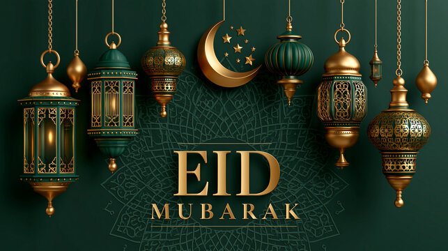 Elegant Eid Mubarak Greeting With Gold Lanterns On Green Background