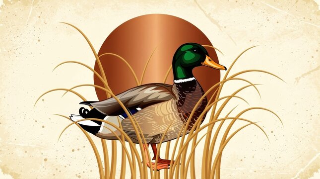 Mallard duck standing in tall grass with large sun background. Artistic vector illustration featuring a drake in a vintage wildlife setting. Hunting and nature conservation concept.