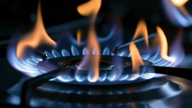 Close up of blue natural gas flames burning on a kitchen stove burner, powerful open fire illustrating cooking, household energy, heat and fuel consumption