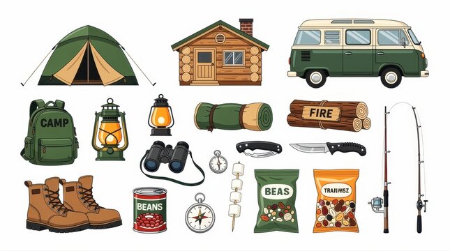 Camping gear and outdoor adventure icons isolated on white background. Includes tent, cabin, camper van, backpack, and survival tools in a flat style. Recreational hiking set for travel design.