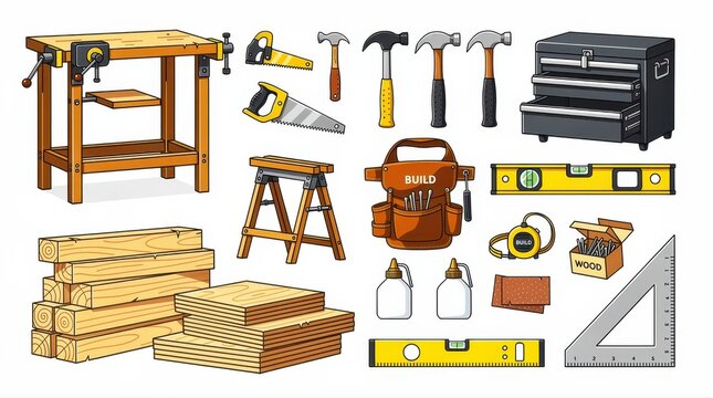 Woodworking tools and carpentry equipment set on white. Professional workbench, hammers, saws, and toolbox elements for construction. DIY home improvement concept for workshop and hardware marketing.