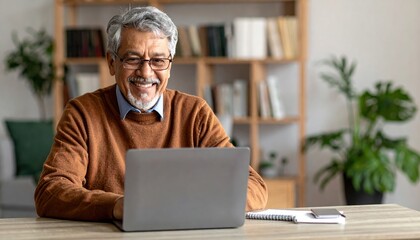Fototapeta premium Senior man smiling while using laptop at home, technology and active aging concept