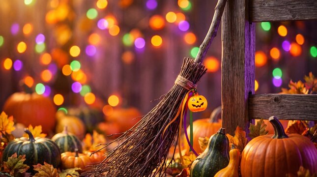Halloween broomstick leaning against a fence with pumpkins and lights  