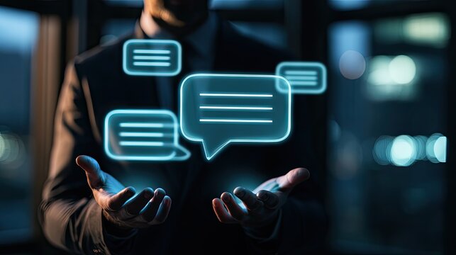 Businessman holding glowing chat bubbles, symbolizing digital communication