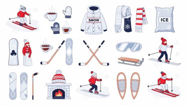 Winter sports equipment and skiing people vector illustration set. Collection features snowboarding, hockey, and cold weather gear. Ideal for seasonal recreation and outdoor hobby designs.