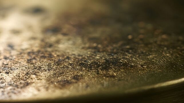 Close up of textured brass surface showing subtle wear and warm golden highlights under soft lighting