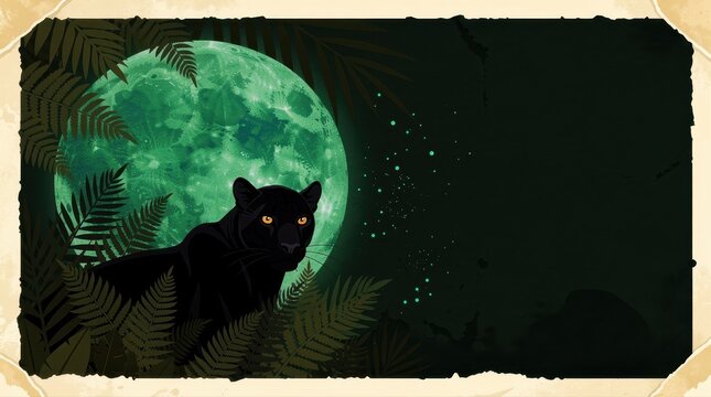 Black panther posing before large green moon in jungle. Digital art featuring wild cat with yellow eyes and ferns. Fantasy wildlife theme for creative marketing and backgrounds.