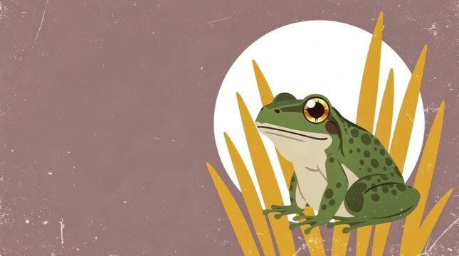 Green spotted frog sitting among stylized yellow grass. Artistic vector illustration with a circular moon background. Nature graphic ideal for environmental posters and educational media.