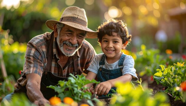 Grandparent and child gardening together outdoors, intergenerational connection and learning