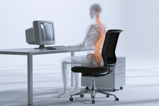 Anatomical skeleton sits at desk, highlighting curved spine in office chair