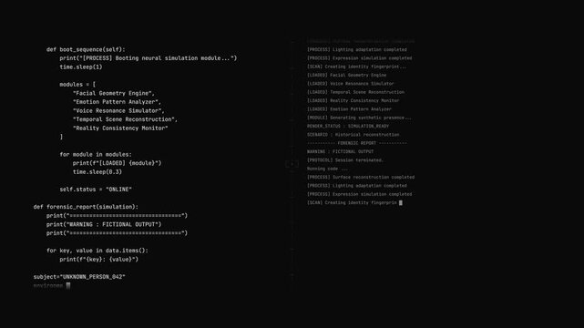 Command line terminal source code scrolling vertically with white text on black background for system log simulation.