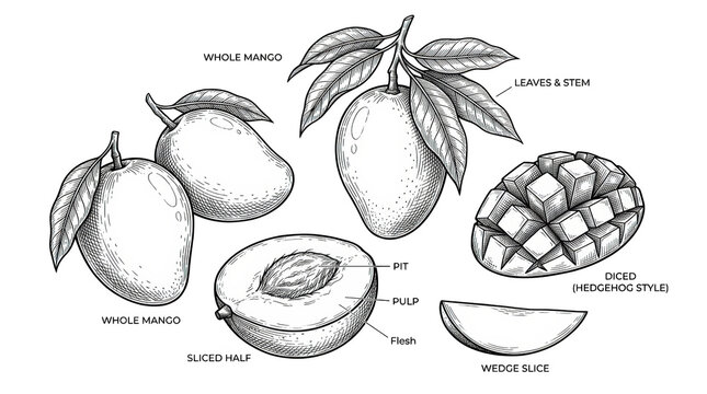 Hand drawn mango fruit set isolated on transparent background