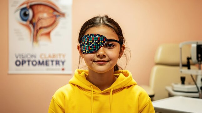 Young girl wearing a colorful eye patch in an optometry clinic. Pediatric patient undergoing vision therapy for amblyopia treatment. Healthcare concept for pediatric vision health marketing.