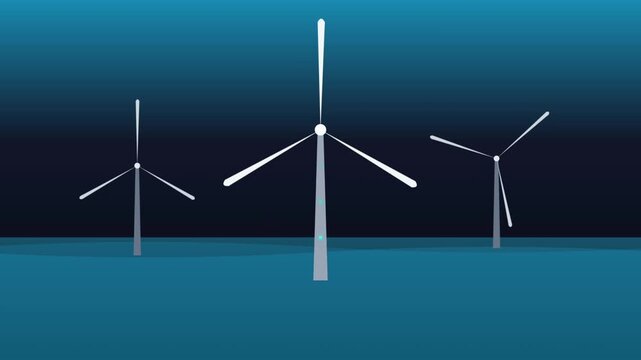 Modern Offshore Wind Turbines Rotating Over Ocean Waves with Energy Pulse