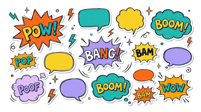 Set of colorful comic speech bubbles with sound effects isolated on transparent background