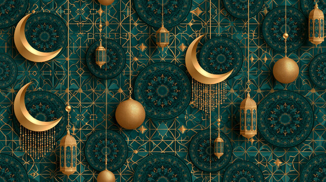 Luxurious Ramadan Seamless Pattern With Gold Crescent Moons And Lanterns
