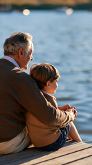Fototapeta premium rear view of a grandfather and grandson sitting together on a dock by a bright lake, backs to camera, bonding and enjoying nature concept, intergenerational, calm, outdoor,