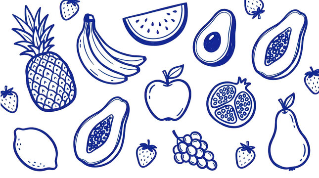 Handdrawn doodle collection of various tropical and common fruits isolated on transparent background