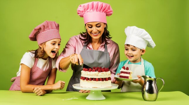 Mother and children in chef hats cutting a fresh raspberry cake. Family enjoying a baking session against a green background. Culinary education concept for cooking classes and parenting blogs.