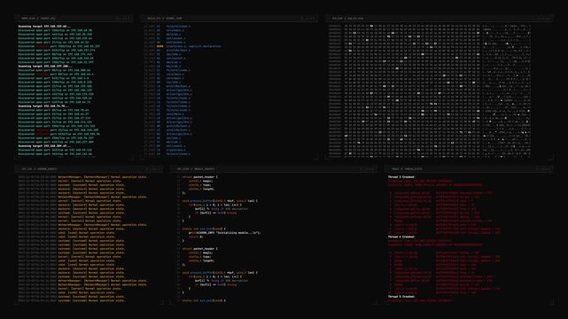 Terminal code screens scrolling syntax logs for digital systems monitor.