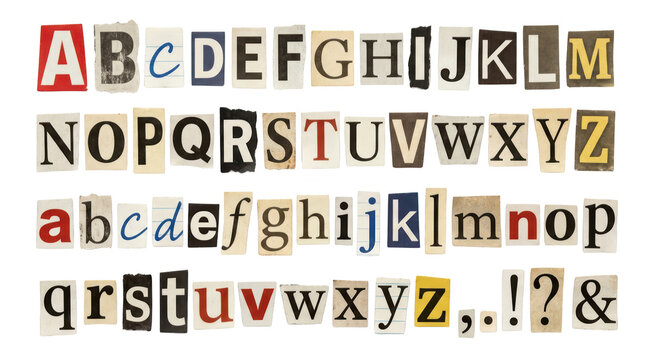 Alphabet letters cut from magazines isolated on transparent background