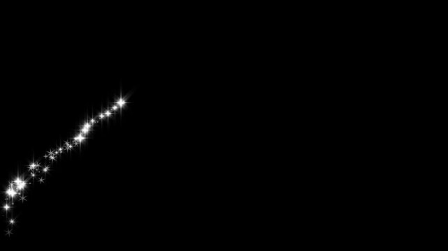 Glitter sparkle white star transition animation with glowing fairy dust particles, twinkling doodle stars, luminous light trails and magical shimmer effect on black background, 4k