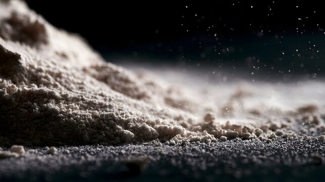 Close up of textured flour dust against dark surface under warm lighting creating abstract tactile composition