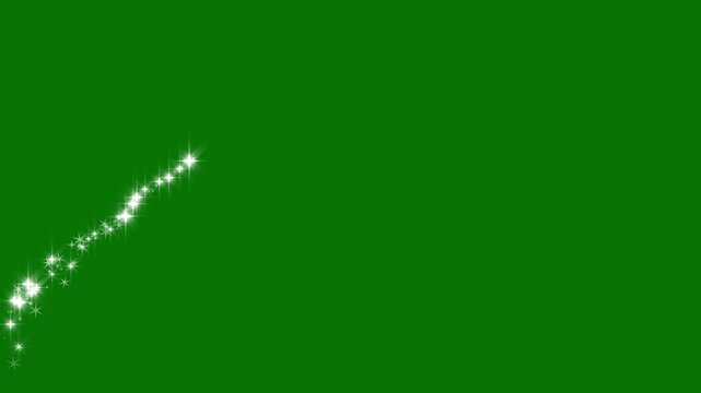 Glitter sparkle white star transition animation with glowing fairy dust particles, twinkling doodle stars, luminous light trails and magical shimmer effect on green background, 4k