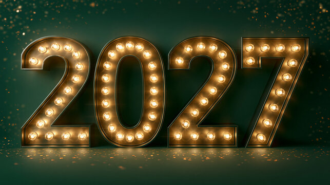Golden 2027 marquee sign with glowing bulbs on teal background
