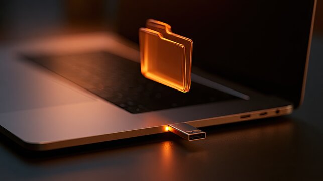 Digital data transfer a glowing folder icon hovers over a laptop with a USB drive