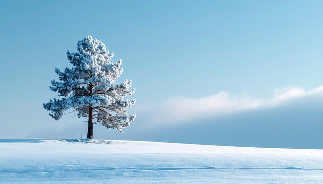 Minimal winter landscape with single pine tree covered in snow against pale blue sky, copy space