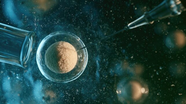 Microscopic cell being injected by a needle inside a petri dish