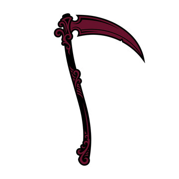 Decorative scythe with red and black gemstones and intricate design