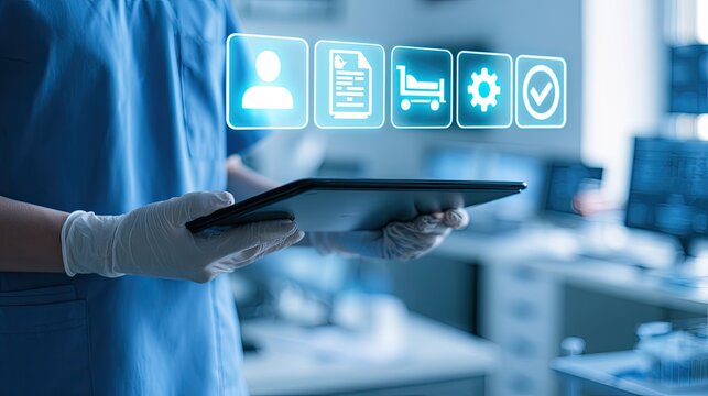 Medical professional using a tablet with digital interface icons for tasks