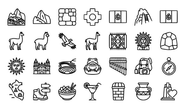 Peruvian Tourism Outline Icon Collection with Inca Civilization Culture and Heritage Symbols