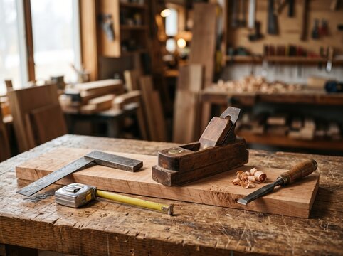 Traditional woodworking tools on workbench