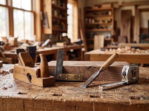 Woodworking tools on rustic workbench