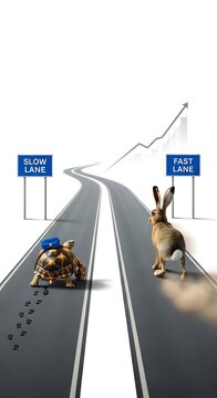 Conceptual road with tortoise and hare racing for success