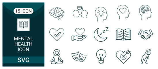 Fototapeta premium Set of fifteen mental health and wellness line icons featuring brain psychology mindfulness therapy and emotional balance concepts