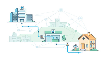 Obraz premium Healthcare Network: Hospital, Pharmacy, and Home Connected