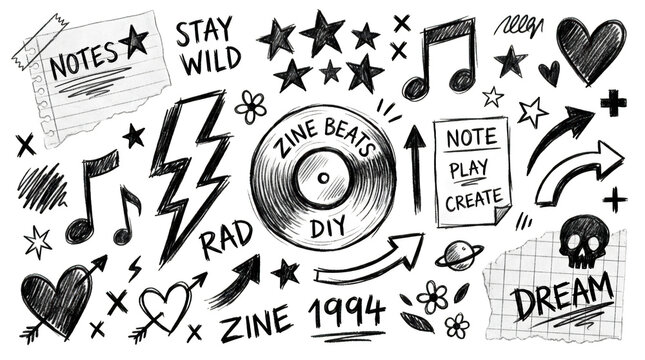 Handdrawn doodle set with music, hearts, stars, and text elements isolated on transparent background