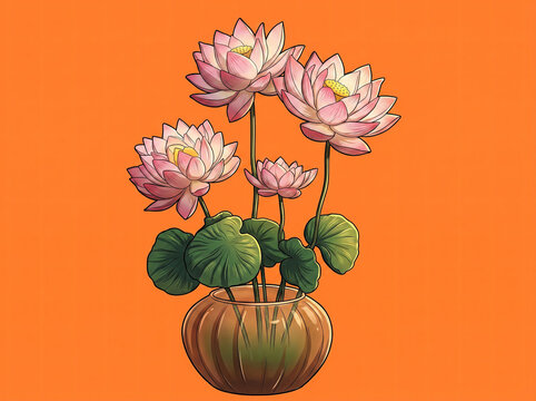 Beautiful illustration features four elegant pink lotus blossoms and lush green lily pads arranged inside a clear glass vase against a vibrant solid orange background.

