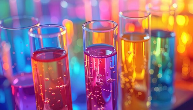 Close-up of transparent test tubes containing colorful solutions, scientific experimentation and chemistry background