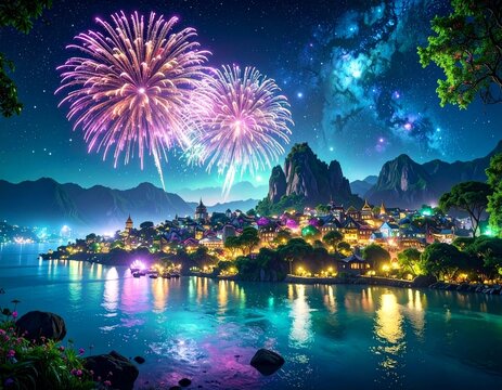 満点の星空と花火が彩る幻想の水上都市
